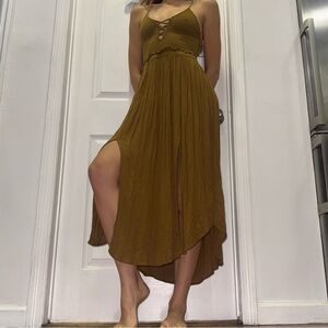 Caramel Mustard Brown Lace-Up Midi Dress 🌾 Boho Western Vibe